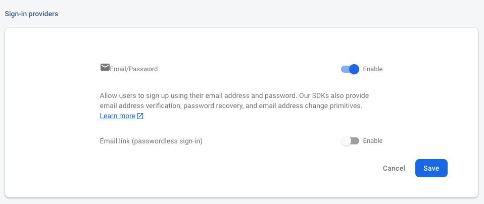 Enable Email/Password Provider